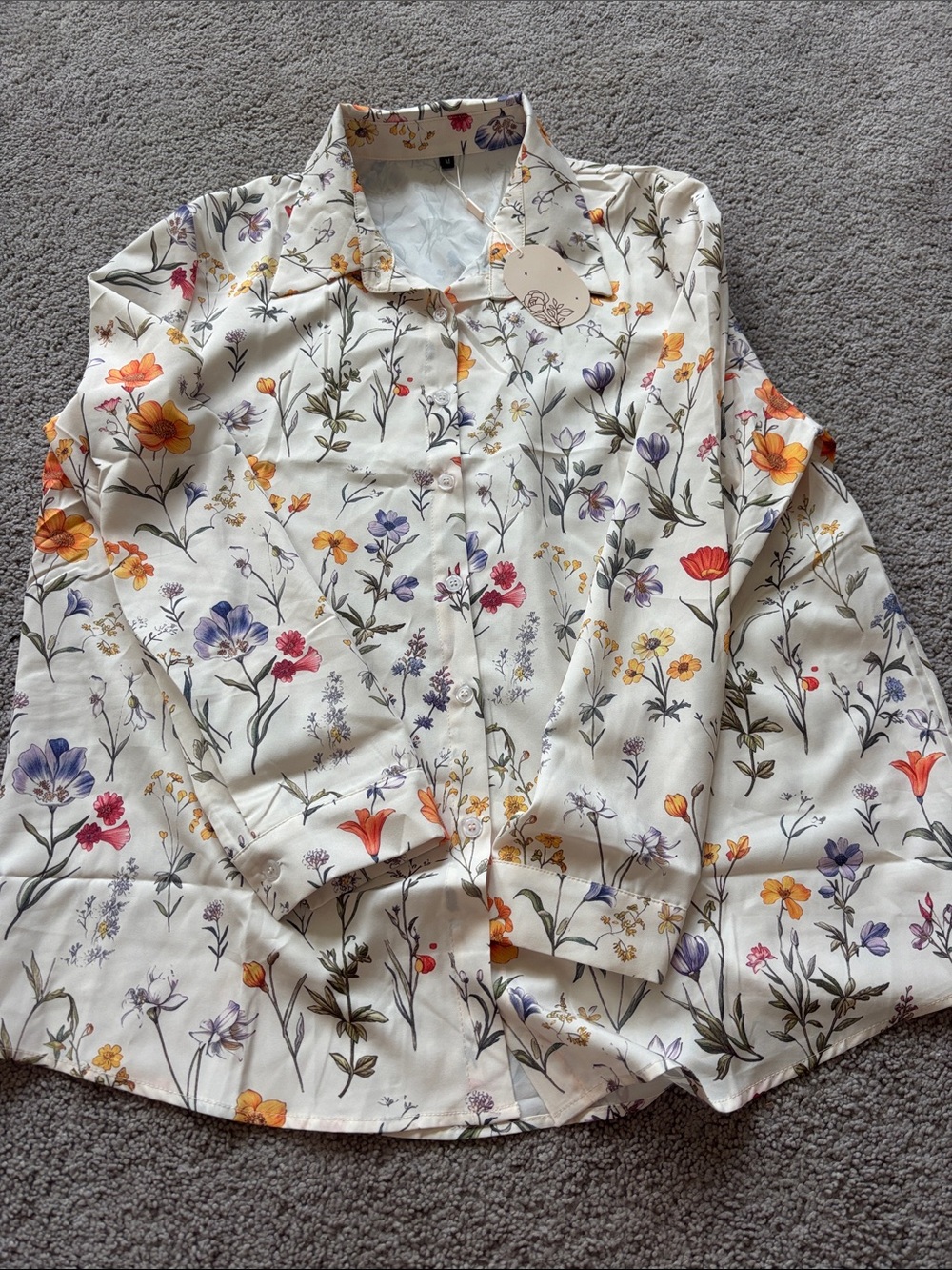 Floral Button-Up Shirt - Cream with Multicolor Blooms